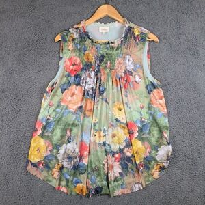 Anthropologie Deletta Floral Mesh Smocked Sleeveless Top Green Multi Large